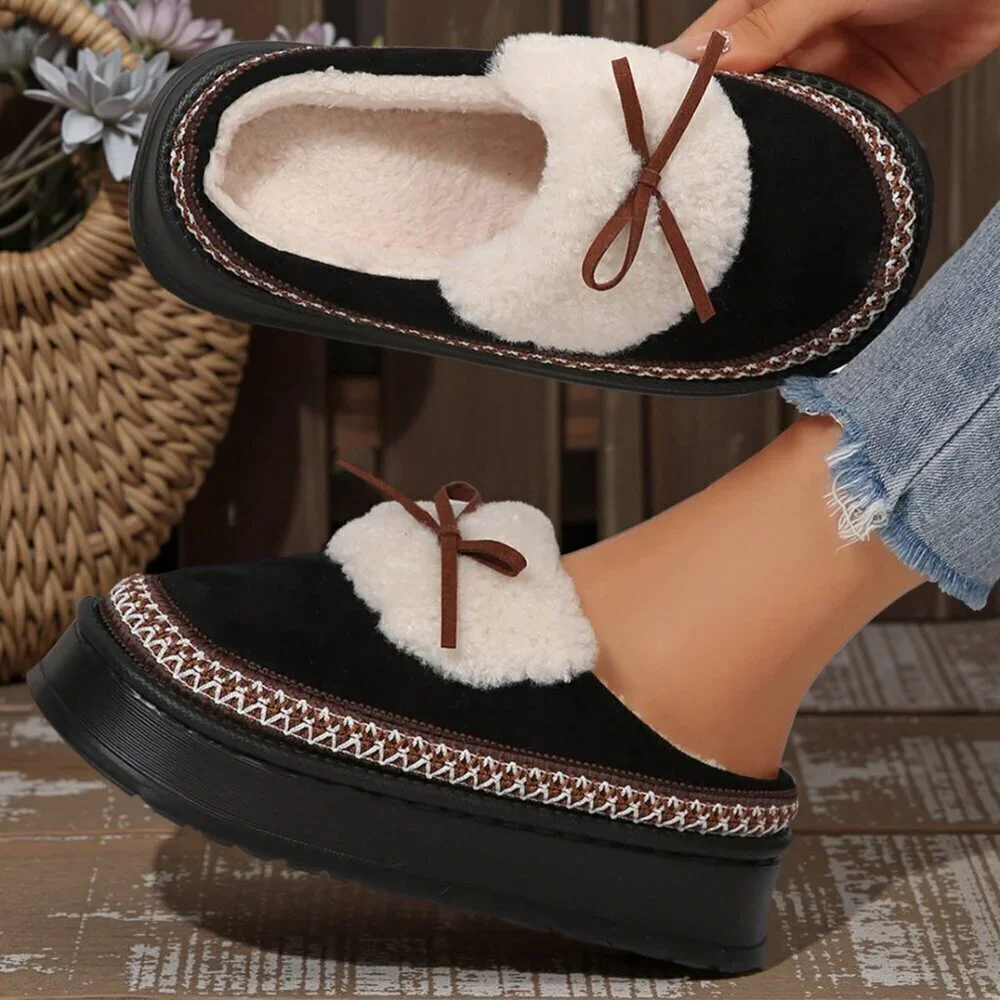Black Casual Women's Thick Flat Suede Shearling Slippers